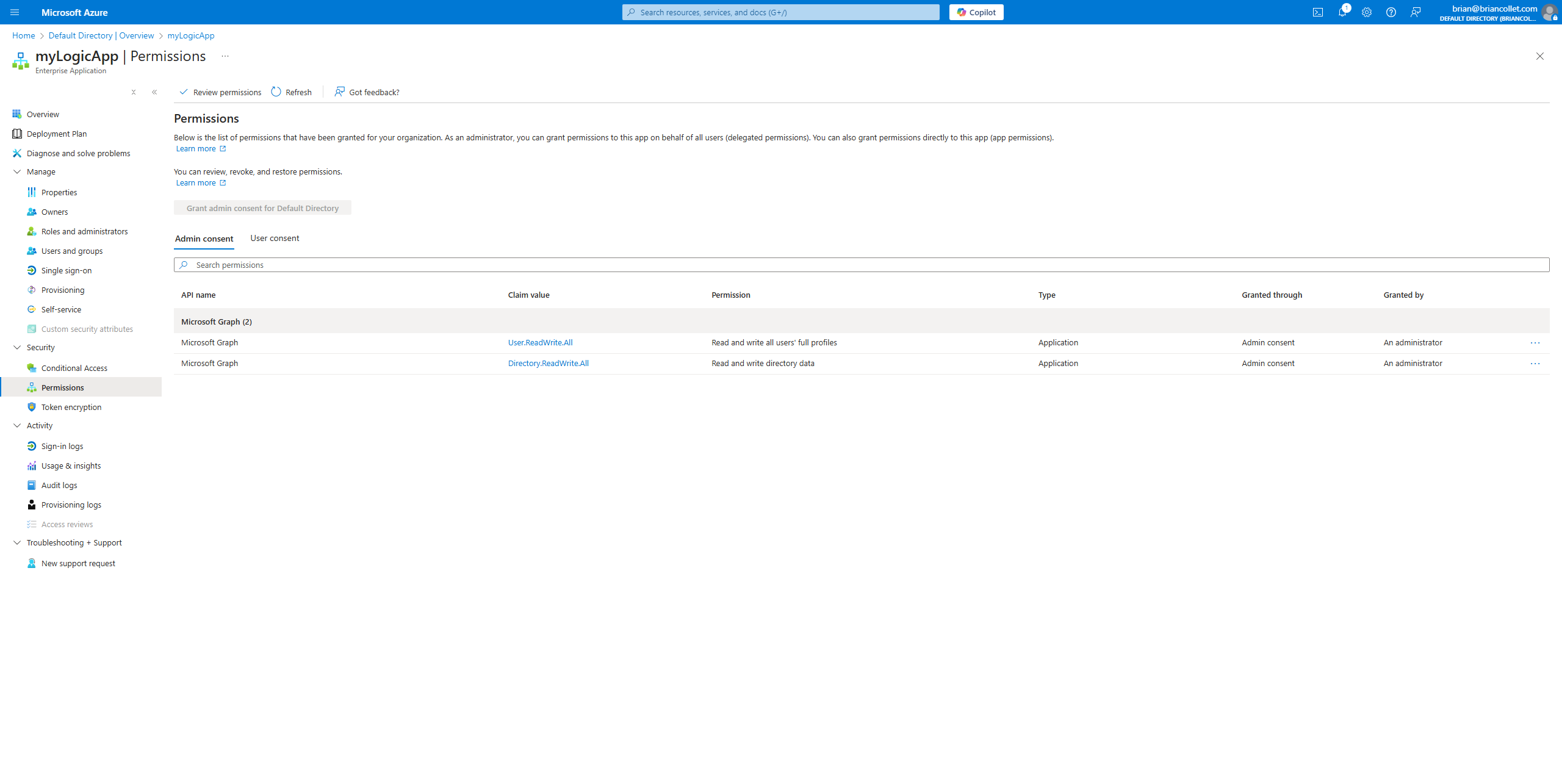 Showing the permissions assigned to the identity